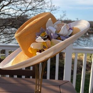 Eric Javits Squishee® Vintage Straw HTF Dual Color Wide Brim Hat w Floral Trims